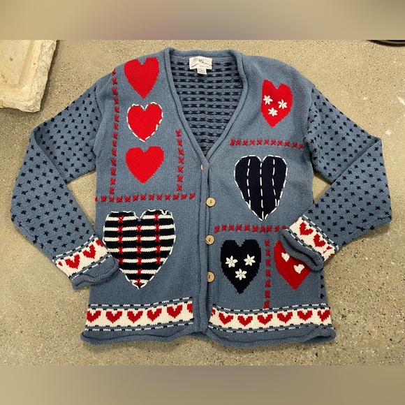 Vintage 1995 SML Sport Hand Knit Hearts ❤️ Button Up Cardigan Sweater size Small - Picture 9 of 10